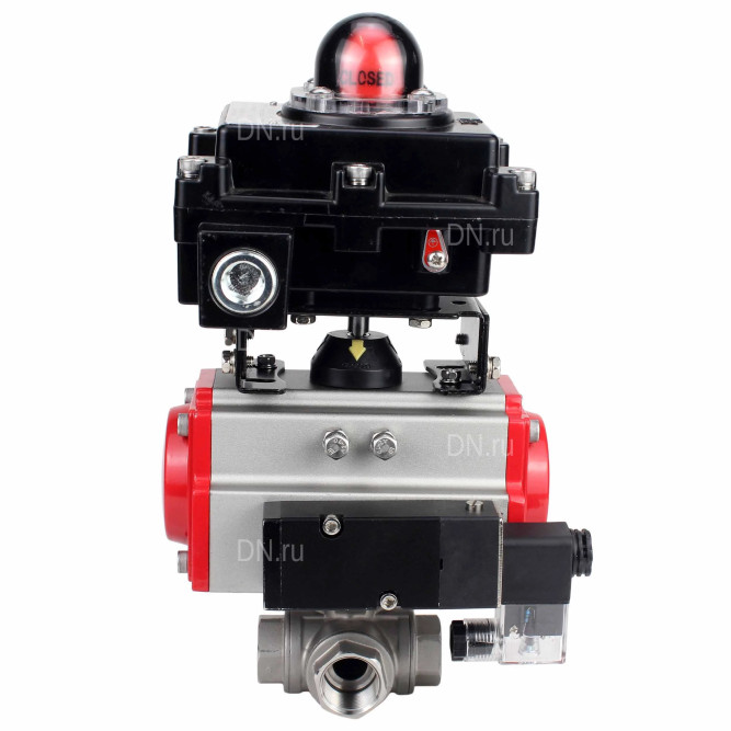 Кран шаровой BV3232P(4pc)-SP-3WL-T-ISO-H Ду50 Ру63 стандартнопроходной трехходовой L-тип, нержавеющая сталь SS316, внутренняя резьба, PTFE, пн.приводом PA-DA-065, пн.распределителем 4M310-08 AC220V и БКВ APL-410N EX в Алматы