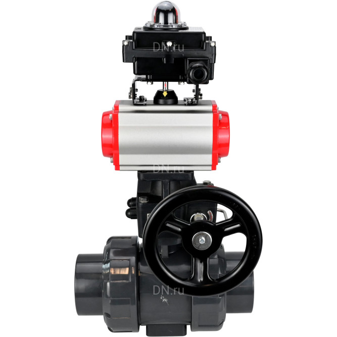 Кран шаровой BV4242E-FP-GRM-ISO Дн65 Ру10 полнопроходной, корпус - НПВХ, шар - НПВХ, уплотнение - EPDM, с пневмоприводом PA-DA-065, пневмораспределителем 4V320-08 AC220V, ручным дублером MON1-250-T26-ISO и БКВ APL-410N EX в Алматы
