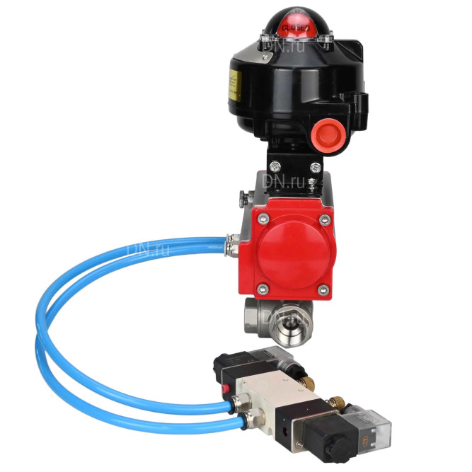 Кран шаровой BV3232P(4pc)-SP-3WL-T-ISO-H 3/4″ Ду20-10 Ру63 стандартнопроходной трехходовой L-тип, нержавеющая сталь SS316, внутренняя резьба, уплотнение - PTFE, с пн.приводом PA-DA-052 пн.распределителем 4V320-10 AC220V БКВ APL-510N-EX в Алматы