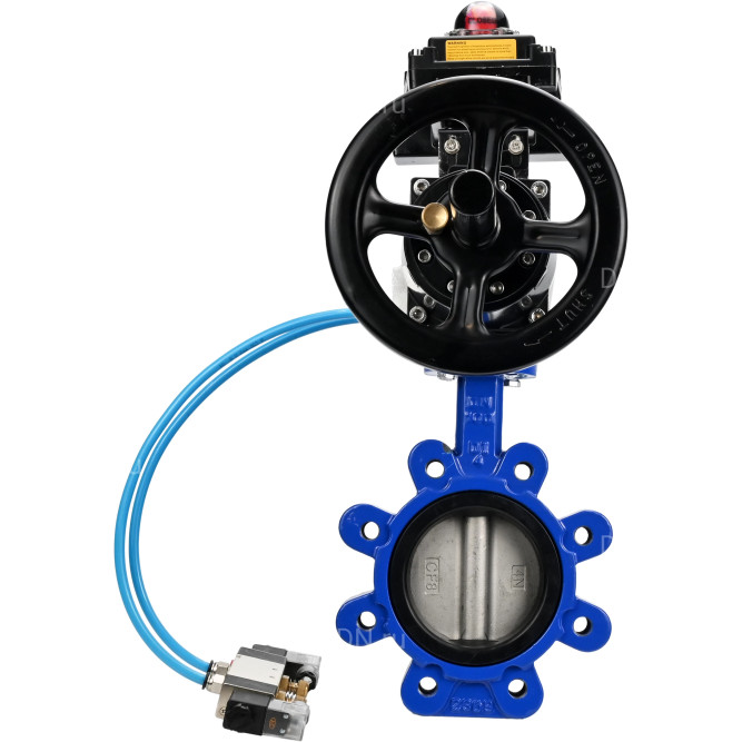 Затвор дисковый поворотный WBV1631E-2W-Fb-H Ду150 Ру16 LUG корпус - чугун QT450, диск - нержавеющая сталь 304, уплотнение - EPDM, с пневмоприводом PA-DA-105-1, пневмораспределителем 4V320-08 AC220V и БКВ APL-410N EX в Алматы