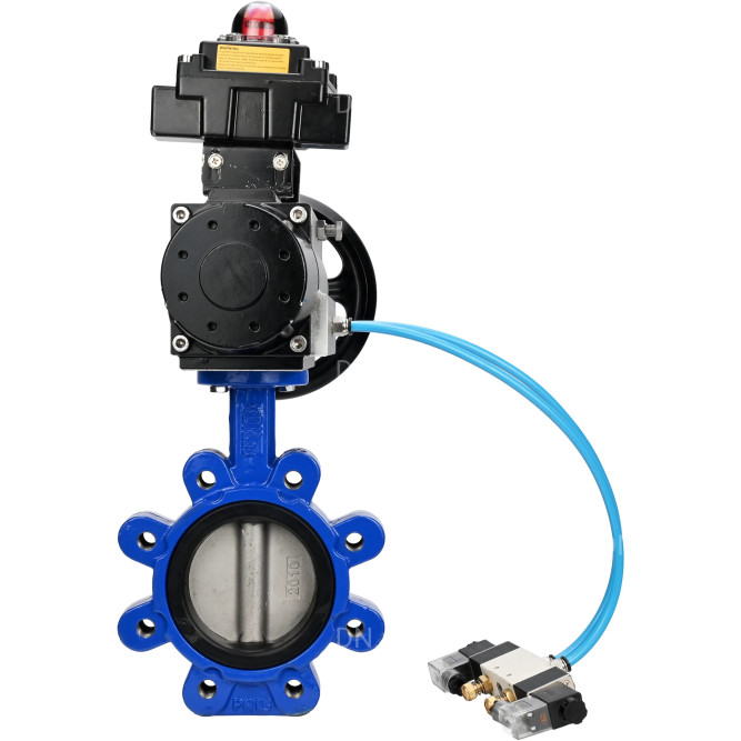 Затвор дисковый поворотный WBV1631E-2W-Fb-H Ду150 Ру16 LUG корпус - чугун QT450, диск - нержавеющая сталь 304, уплотнение - EPDM, с пневмоприводом PA-DA-105-1, пневмораспределителем 4V320-08 AC220V и БКВ APL-410N EX в Алматы