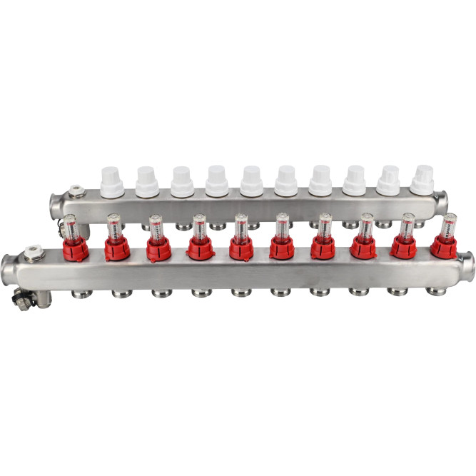 Коллекторная группа GC2-31-10 1″ Ду25 Ру10 отводов — 10, в сборе с расходомерами и терморегулирующими клапанами, дренажным краном и воздухоотводчиком, с заглушками, без переходников, корпус - нержавеющая сталь AISI 304 в Алматы