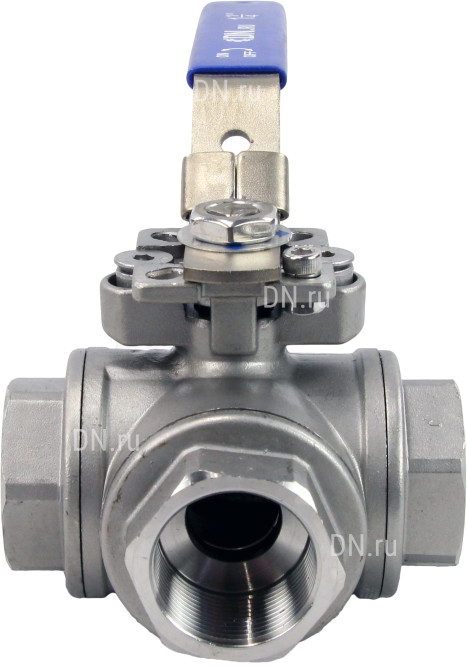 Кран шаровой BV3232P(4pc)-SP-3WL-T-ISO-H Ду40 Ру63, 3-ходовой L-тип стандартнопроходной, внутренняя резьба, уплотнение - PTFE, материал корпуса - нержавеющая сталь SS316 с ISO фланцем и рукояткой в Алматы