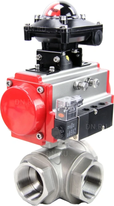 Кран шаровой BV3232P(4pc)-SP-3WL-T-ISO-H Ду40 Ру63 стандартнопроходной трехходовой L-тип, нерж. сталь SS316, внутренняя резьба, уплотнение - PTFE, пн.приводом PA-SA-083, пн.распределителем 4M310-08 DC24V и БКВ APL-210N в Алматы