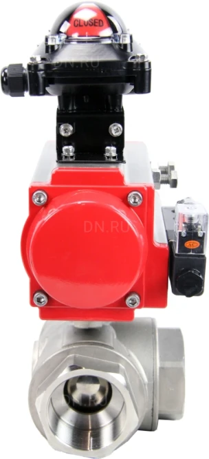 Кран шаровой BV3232P(4pc)-SP-3WL-T-ISO-H Ду40 Ру63 стандартнопроходной трехходовой L-тип, нерж. сталь SS316, внутренняя резьба, уплотнение - PTFE, пн.приводом PA-SA-083, пн.распределителем 4M310-08 DC24V и БКВ APL-210N в Алматы
