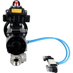 Кран шаровой BV3232P(4pc)-SP-3WL-T-ISO-H Ду80 Ру40, стандартнопроходной, четырехсоставной, корпус - нержавеющая сталь 316, уплотнение - PTFE, внутренняя резьба, с пневмоприводом PA-DA-105-1, пневмораспределителем 4V320-08 AC220V, БКВ APL-410N Ex