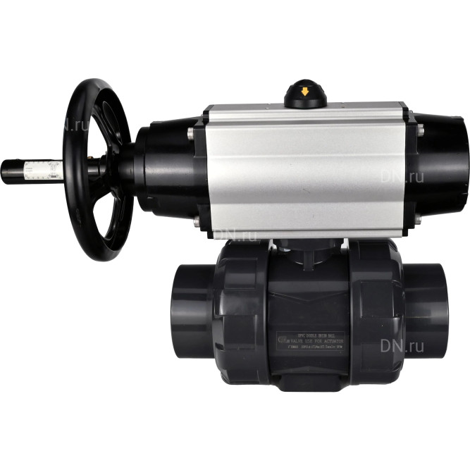 Кран шаровой BV4242E-FP-GRM-ISO Дн25 Ру10 полнопроходной, корпус - НПВХ, шар - НПВХ, уплотнение - EPDM, с пневмоприводом PA-DA-105-1 двойного действия со штурвалом в Алматы