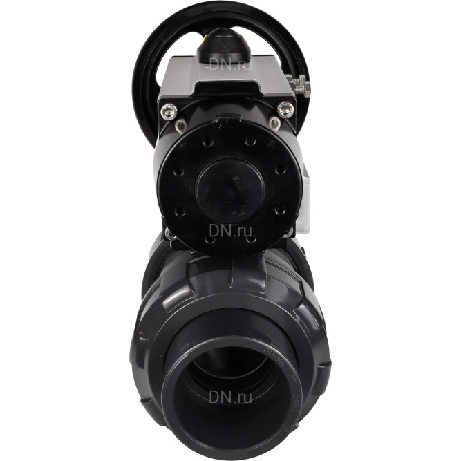 Кран шаровой BV4242E-FP-GRM-ISO Дн25 Ру10 полнопроходной, корпус - НПВХ, шар - НПВХ, уплотнение - EPDM, с пневмоприводом PA-DA-105-1 двойного действия со штурвалом в Алматы