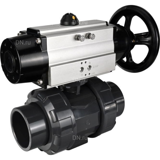 Кран шаровой BV4242E-FP-GRM-ISO Дн25 Ру10 полнопроходной, корпус - НПВХ, шар - НПВХ, уплотнение - EPDM, с пневмоприводом PA-DA-105-1 двойного действия со штурвалом в Алматы
