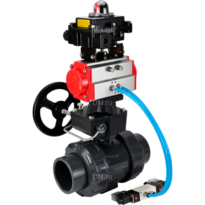 Кран шаровой BV4242E-FP-GRM-ISO Дн80 Ру10 полнопроходной, корпус - НПВХ, шар - НПВХ, уплотнение - EPDM, с пневмоприводом PA-DA-065, пневмораспределителем 4V320-08 AC220V, ручным дублером MON1-250-T26-ISO и БКВ APL-410N EX в Алматы