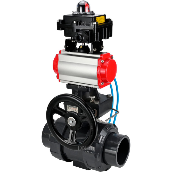 Кран шаровой BV4242E-FP-GRM-ISO Дн80 Ру10 полнопроходной, корпус - НПВХ, шар - НПВХ, уплотнение - EPDM, с пневмоприводом PA-DA-065, пневмораспределителем 4V320-08 AC220V, ручным дублером MON1-250-T26-ISO и БКВ APL-410N EX в Алматы