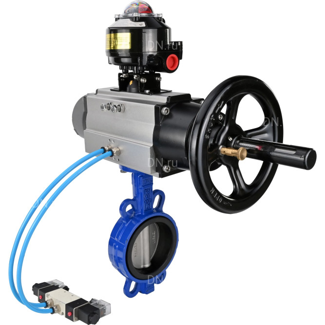 Затвор дисковый поворотный WBV1432N-2W-Fb-H Ду125 Ру16, корпус - чугун GGG50, диск - нержавеющая сталь 316L, уплотнение - NBR, с пневмоприводом PA-DA-105-1 двойного действия, с пневмораспределителем 4V320-10 AC220V, с БКВ APL-510N-EX в Алматы