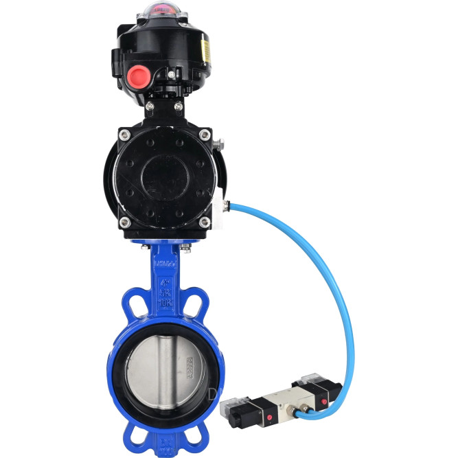 Затвор дисковый поворотный WBV1432N-2W-Fb-H Ду125 Ру16, корпус - чугун GGG50, диск - нержавеющая сталь 316L, уплотнение - NBR, с пневмоприводом PA-DA-105-1 двойного действия, с пневмораспределителем 4V320-10 AC220V, с БКВ APL-510N-EX в Алматы