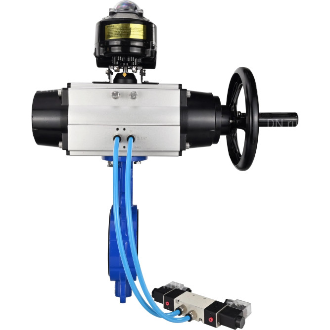 Затвор дисковый поворотный WBV1432N-2W-Fb-H Ду125 Ру16, корпус - чугун GGG50, диск - нержавеющая сталь 316L, уплотнение - NBR, с пневмоприводом PA-DA-105-1 двойного действия, с пневмораспределителем 4V320-10 AC220V, с БКВ APL-510N-EX в Алматы