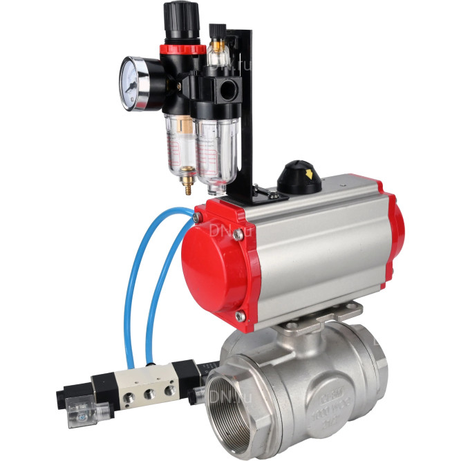 Кран шаровой BV3232P(4pc)-SP-3WL-T-ISO-H Ду32 Ру63, стандартнопроходной, четырехсоставной, корпус - нержавеющая сталь 316, уплотнение - PTFE, внутренняя резьба, с пневмоприводом PA-SA-065, пневмораспределителем 4V320-10 AC220V, БПВ AFC2000 в Алматы