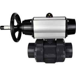 Кран шаровой BV4242E-FP-GRM-ISO Дн32 Ру10 полнопроходной, корпус - НПВХ, шар - НПВХ, уплотнение - EPDM, с пневмоприводом PA-DA-105-1 двойного действия со штурвалом