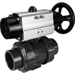 Кран шаровой BV4242E-FP-GRM-ISO Дн32 Ру10 полнопроходной, корпус - НПВХ, шар - НПВХ, уплотнение - EPDM, с пневмоприводом PA-DA-105-1 двойного действия со штурвалом