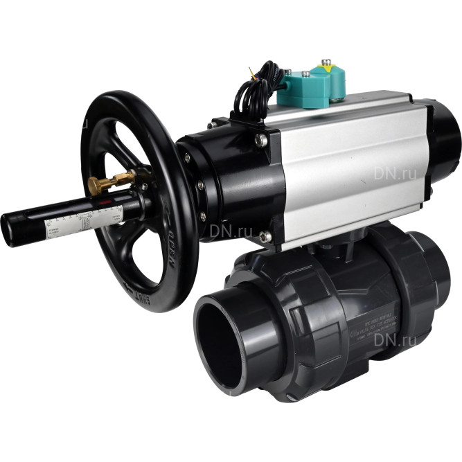 Кран шаровой BV4242E-FP-GRM-ISO Дн65 Ру10 полнопроходной, корпус - НПВХ, шар - НПВХ, уплотнение - EPDM, с пневмоприводом PA-DA-105-1 и магнитным переключателем ALS200D в Алматы