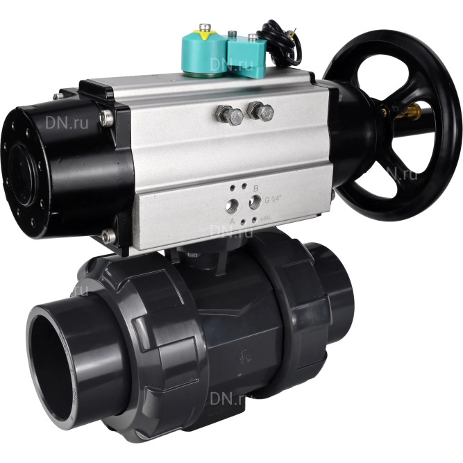 Кран шаровой BV4242E-FP-GRM-ISO Дн65 Ру10 полнопроходной, корпус - НПВХ, шар - НПВХ, уплотнение - EPDM, с пневмоприводом PA-DA-105-1 и магнитным переключателем ALS200D в Алматы