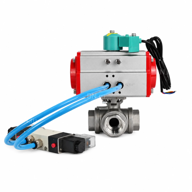 Кран шаровой BV3232P(4pc)-SP-3WT-T-ISO-H WDVF Ду25 Ру63 стандартнопроходной, 3-ходовой Т-тип, внутренняя резьба, нержавеющая сталь AISI 316, с пневмоприводом PA-DA-065, пневмораспределителем 4V320-10 AC220V и магнитным переключателем ALS200D в Алматы
