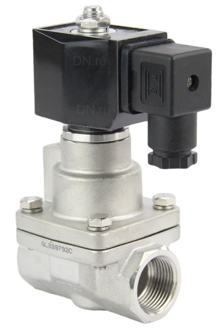 Клапан электромагнитный VS1031-PT-NC-24VDC 1/2″ Ду15 Ру16 соленоидный двухходовой поршневой, резьбовой, корпус - нержавеющая сталь AISI 304, уплотнение - PTFE, пилотного действия, нормально закрытый, катушка - 24В DC в Алматы