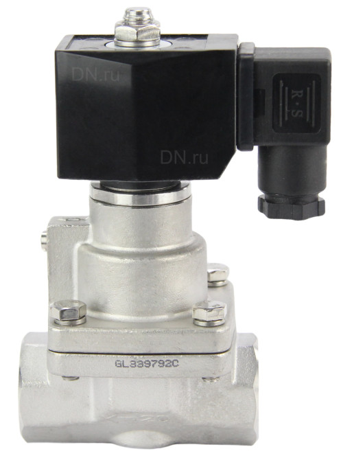 Клапан электромагнитный VS1031-PT-NC-24VDC 1/2″ Ду15 Ру16 соленоидный двухходовой поршневой, резьбовой, корпус - нержавеющая сталь AISI 304, уплотнение - PTFE, пилотного действия, нормально закрытый, катушка - 24В DC в Алматы