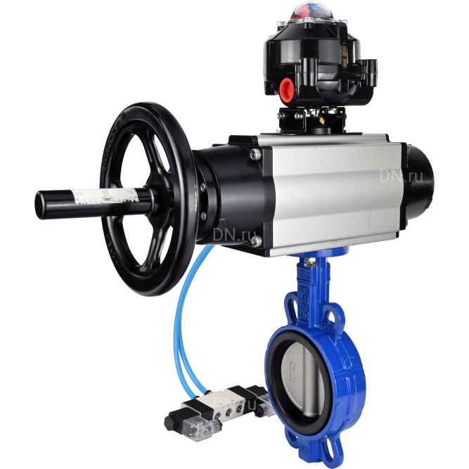 Затвор дисковый поворотный WBV1432N-2W-Fb-H Ду150 Ру16, корпус - чугун GGG50, диск - нержавеющая сталь 316L, уплотнение - NBR, с пневмоприводом PA-DA-105-1 двойного действия, с пневмораспределителем 4V320-10 AC220V, с БКВ APL-510N-EX в Алматы