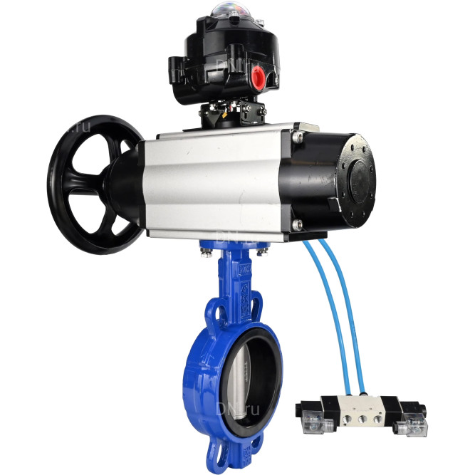 Затвор дисковый поворотный WBV1432N-2W-Fb-H Ду150 Ру16, корпус - чугун GGG50, диск - нержавеющая сталь 316L, уплотнение - NBR, с пневмоприводом PA-DA-105-1 двойного действия, с пневмораспределителем 4V320-10 AC220V, с БКВ APL-510N-EX в Алматы