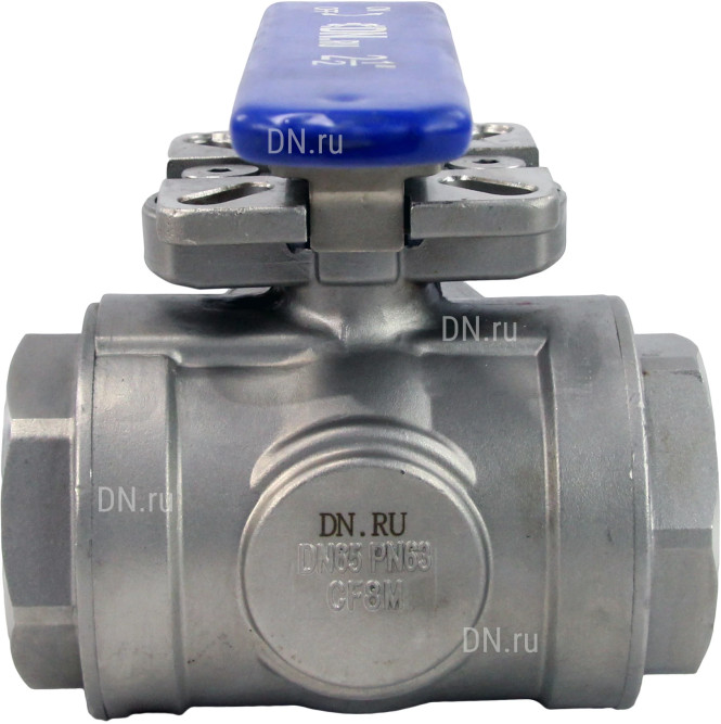 Кран шаровой BV3232P(4pc)-SP-3WL-T-ISO-H Ду65 Ру40, 3-ходовой L-тип стандартнопроходной, внутренняя резьба, уплотнение - PTFE, материал корпуса - нержавеющая сталь SS316 с ISO фланцем и рукояткой в Алматы