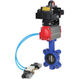 Затвор дисковый поворотный WBV1616N-2W-Fb-H Ду50 Ру16 LUG корпус - чугун QT450, диск - чугун QT450, уплотнение - NBR, с пневмоприводом PA-DA-065, пневмораспределителем 4V320-10 AC220V и БКВ APL-410N EX