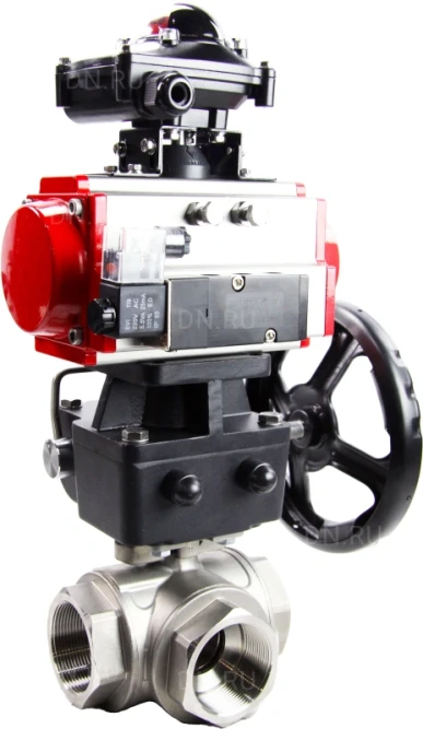 Кран шаровой BV3232P(4pc)-SP-3WL-T-ISO-H Ду65 Ру40 стандартнопроходной трехходовой L-тип, нерж. сталь SS316, внутренняя резьба, PTFE, пн.приводом PA-DA-083, пн.распределителем 4M310-08 AC220V, БКВ APL-210N и ручным дублером MON2-450-T28-ISO в Алматы