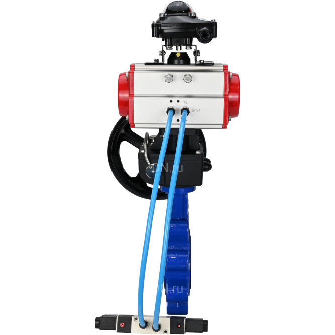 Затвор дисковый поворотный WBV1631N-2W-Fb-H Ду80 Ру16 LUG корпус - чугун QT450, диск - нержавеющая сталь 304, уплотнение - NBR, с пневмоприводом PA-DA-083, пневмораспределителем 4V320-08 AC220V, БКВ APL-210N и редуктором MON2-450-T28-ISO в Алматы