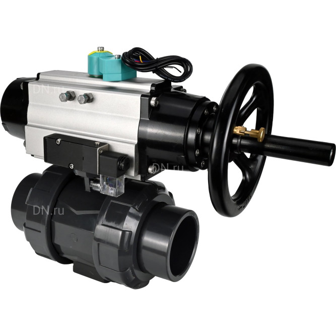 Кран шаровой BV4242E-FP-GRM-ISO Дн25 Ру10 полнопроходной, корпус - НПВХ, шар - НПВХ, уплотнение - EPDM, с пневмоприводом PA-DA-105-1, пневмораспределителем 4M310-08 AC220V и магнитным переключателем ALS200D в Алматы