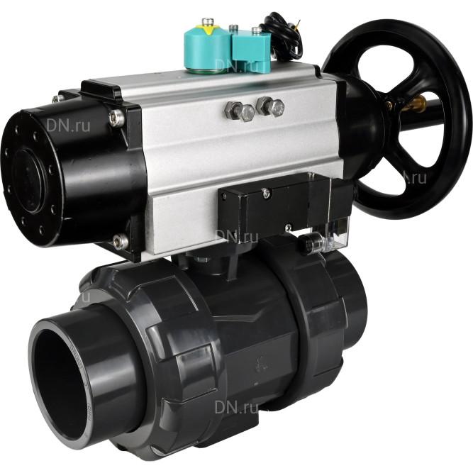 Кран шаровой BV4242E-FP-GRM-ISO Дн25 Ру10 полнопроходной, корпус - НПВХ, шар - НПВХ, уплотнение - EPDM, с пневмоприводом PA-DA-105-1, пневмораспределителем 4M310-08 AC220V и магнитным переключателем ALS200D в Алматы