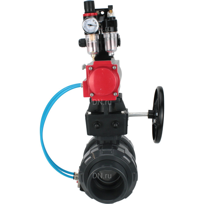 Кран шаровой BV4242E-FP-GRM-ISO Дн65 Ру10 полнопроходной, корпус - НПВХ, шар - НПВХ, уплотнение - EPDM, с пневмоприводом PA-DA-065, пневмораспределителем 4V320-10 AC220V, ручным дублером MON1-250-T26-ISO, БКВ APL-210N и БПВ AFC2000 в Алматы