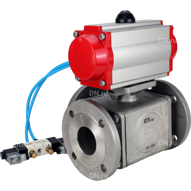 Кран шаровой BV3232P(4pc)-FP-3WL-F Ду25 Ру16 полнопроходной трехходовой, фланцевый, корпус - нержавеющая сталь SS316, с пневмоприводом PA-SA-083 с возвратными пружинами и пневмораспределителем 4V320-08 AC220V в Алматы