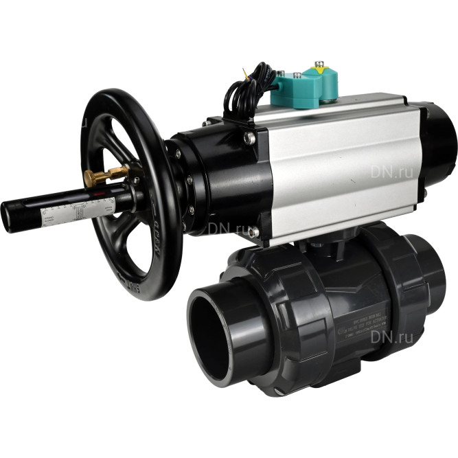 Кран шаровой BV4242E-FP-GRM-ISO Дн32 Ру10 полнопроходной, корпус - НПВХ, шар - НПВХ, уплотнение - EPDM, с пневмоприводом PA-DA-105-1, пневмораспределителем 4M310-08 AC220V и магнитным переключателем ALS200D в Алматы