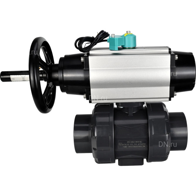 Кран шаровой BV4242E-FP-GRM-ISO Дн32 Ру10 полнопроходной, корпус - НПВХ, шар - НПВХ, уплотнение - EPDM, с пневмоприводом PA-DA-105-1, пневмораспределителем 4M310-08 AC220V и магнитным переключателем ALS200D в Алматы