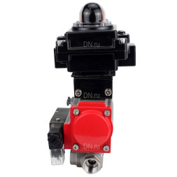 Кран шаровой BV3232P(4pc)-SP-3WL-T-ISO-H Ду32 Ру63 стандартнопроходной трехходовой L-тип, нержавеющая сталь SS316, внутренняя резьба, PTFE, пн.приводом PA-DA-052, пн.распределителем 4M310-08 DC24V и БКВ APL-410N EX