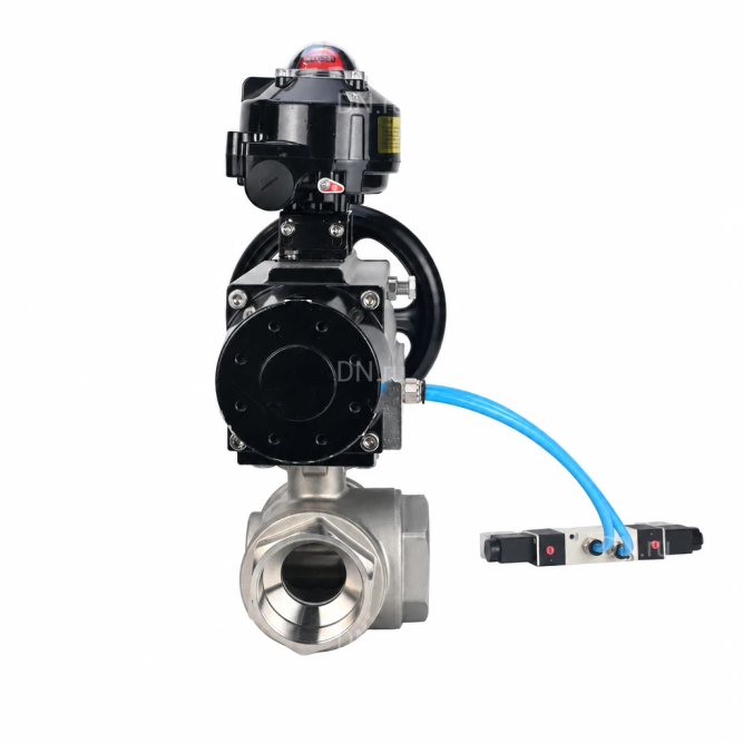 Кран шаровой BV3232P(4pc)-SP-3WL-T-ISO-H WDVF Ду65 Ру40 стандартнопроходной, 3-ходовой L-тип, внутренняя резьба, нержавеющая сталь AISI 316, PTFE, с пневмоприводом PA-DA-105-1, пневмораспределителем 4V320-08 AC220V и БКВ APL-510N EX в Алматы