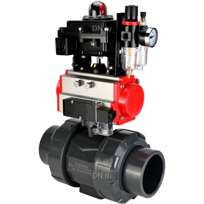 Кран шаровой BV4242E-FP-GRM-ISO Дн32 Ру10 полнопроходной, корпус - НПВХ, шар - НПВХ, уплотнение - EPDM, с пневмоприводом PA-DA-052, пневмораспределителем 4M310-08 DC24V, БКВ APL-410N EX и БПВ AFC2000 в Алматы