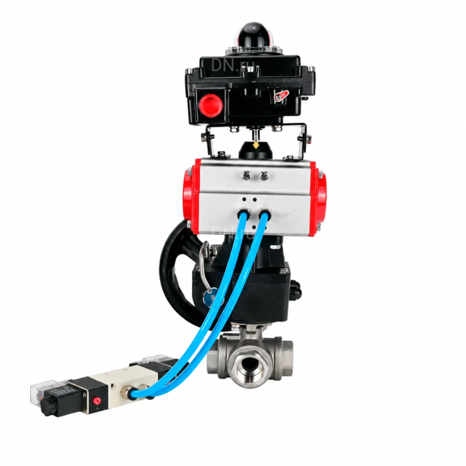 Кран шаровой BV3232P(4pc)-SP-3WT-T-ISO-H WDVF Ду25 Ру63 стандартнопроходной, 3-ходовой Т-тип, внутренняя резьба, с пневмоприводом PA-DA-065, пневмораспределителем 4V320-10 AC220V, БКВ APL-410N EX и ручным дублером MON1-250-T26-ISO в Алматы