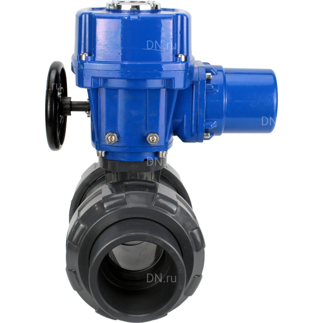 Кран шаровой BV4242E-FP-GRM-ISO Дн32 Ру10 полнопроходной, корпус - НПВХ, шар - НПВХ, уплотнение - EPDM, с электроприводом QT-N-005M-O2-380VAC-У1 с моментной муфтой и штурвалом в Алматы