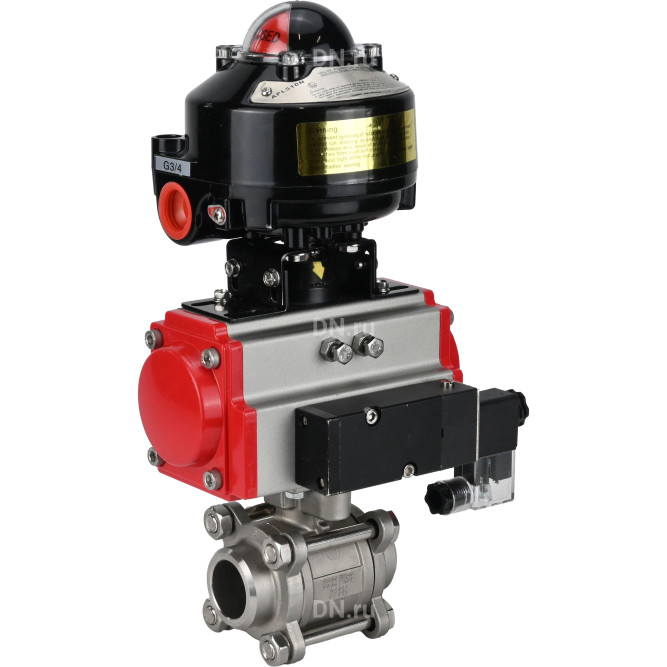 Кран шаровой BV3232P(3pc)-FP-W-ISO-H Ду25 Ру63 полнопроходной двухходовой, нержавеющая сталь SS316, под приварку, уплотнение - PTFE, с пн.приводом PA-DA-052 пн.распределителем 4M310-08 AC220V и БКВ APL-510N-EX в Алматы