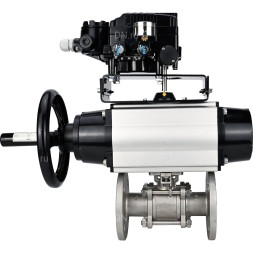 Кран шаровой BV3131P(3pc)-FP-F-ISO-H Ду80 Ру25, трехсоставной полнопроходной фланцевый, нержавеющая сталь SS304, PTFE, с пневмоприводом PA-DA-105-1 двойного действия и с электропневматическим поворотным позиционером YT-1000RSN с обратной связью