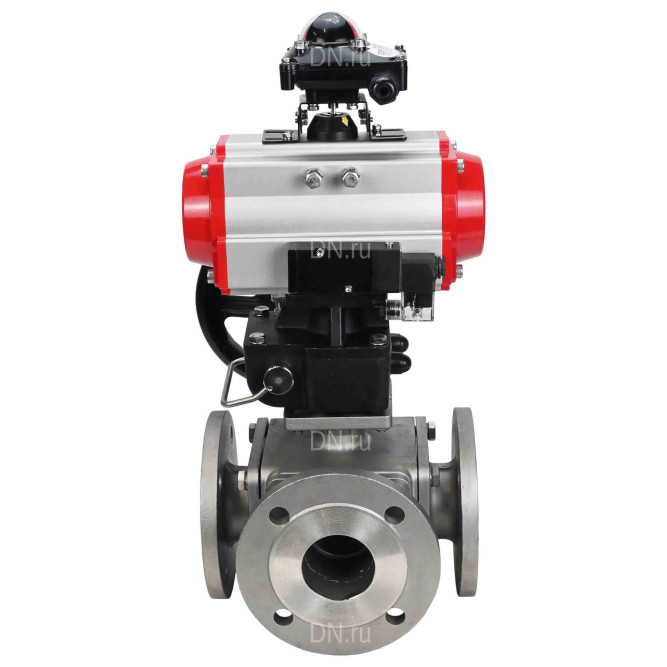 Кран шаровой BV3232P(4pc)-FP-3WL-F Ду15 Ру16 полнопроходной трехходовой, фланцевый, корпус - нержав.сталь SS316, с пневмоприводом PA-DA-052, пневмораспределителем 4M310-08 DC24V, БКВ APL-210N и ручным дублером MON1-250-T26-ISO в Алматы