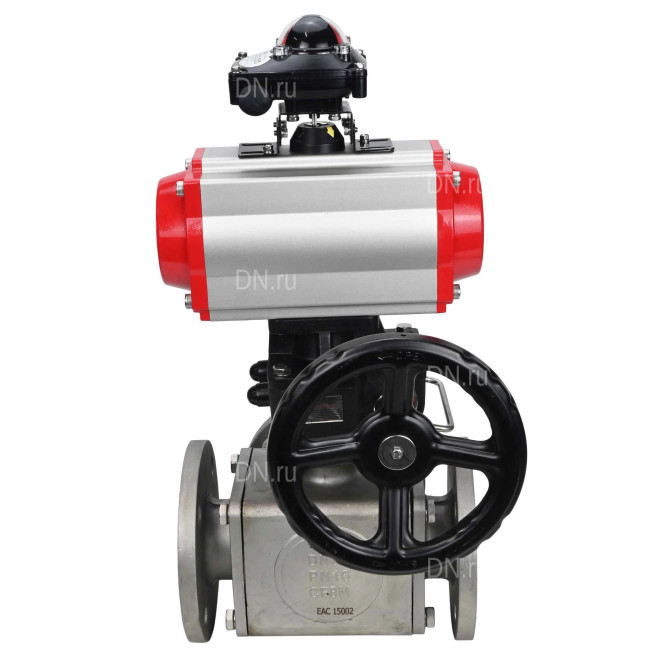 Кран шаровой BV3232P(4pc)-FP-3WL-F Ду15 Ру16 полнопроходной трехходовой, фланцевый, корпус - нержав.сталь SS316, с пневмоприводом PA-DA-052, пневмораспределителем 4M310-08 DC24V, БКВ APL-210N и ручным дублером MON1-250-T26-ISO в Алматы