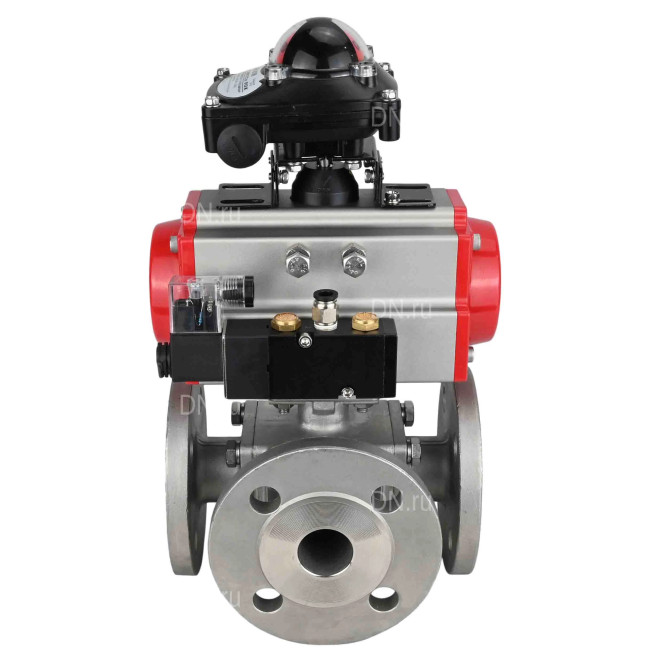 Кран шаровой BV3232P(4pc)-FP-3WL-F Ду65 Ру16 полнопроходной трехходовой, фланцевый, корпус - нержавеющая сталь SS316, с пневмоприводом PA-DA-083 двойного действия, пневмораспределителем 4M310-08 DC24V и БКВ APL-210N в Алматы