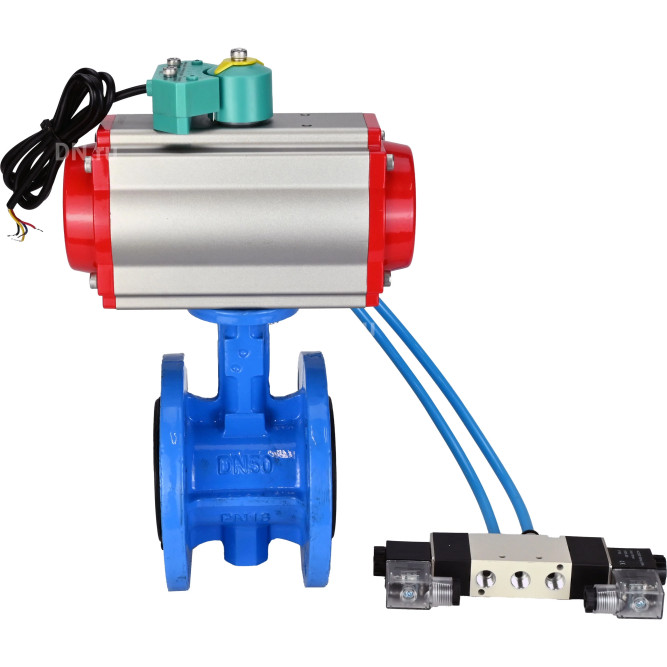 Затвор дисковый поворотный WBV1331E-2W-F-H Ду80 Ру16 корпус - чугун GGG40, диск - нержавеющая сталь 304, уплотнение - EPDM, с пневмоприводом PA-DA-105, пневмораспределителем 4V320-10 AC220V и магнитным переключателем ALS200D в Алматы