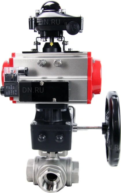 Кран шаровой BV3232P(4pc)-SP-3WL-T-ISO-H Ду10 Ру63 стандартнопроходной трехходовой L-тип, нерж. сталь SS316, внутренняя резьба, PTFE, пн.приводом PA-DA-065, пн.распределителем 4M310-08 DC24V, БКВ APL-210N и ручным дублером MON1-250-T26-ISO в Алматы
